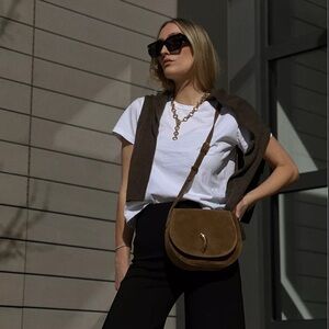 Little Liffner Maccheroni Saddle bag brown suede w gold-tone pasta-shaped clasp